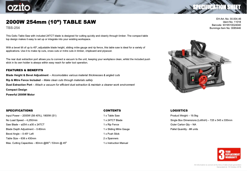 Page 1 de la notice Fiche technique Ozito TBS-254