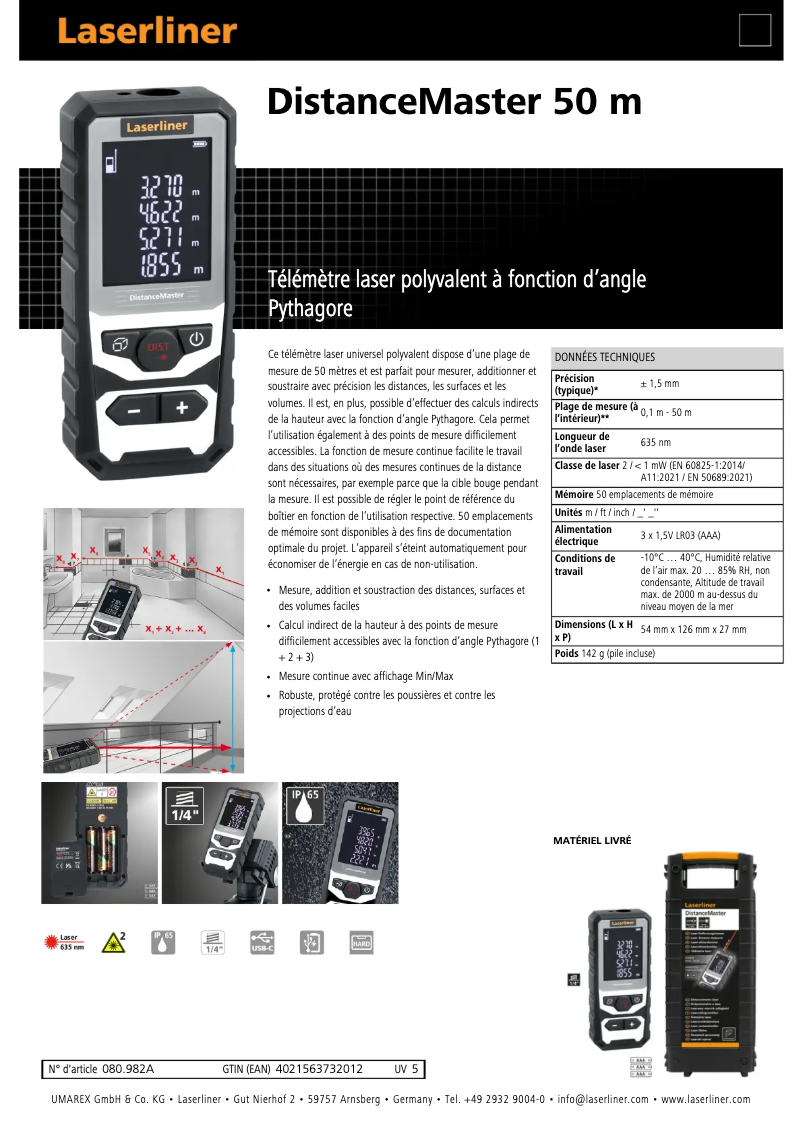 Page 1 de la notice Fiche technique Laserliner DistanceMaster 50