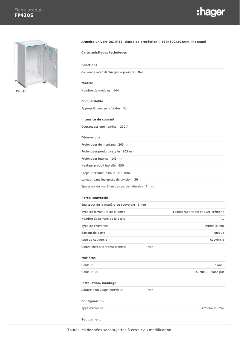 Page n°1 - Manuel utilisateur Hager FP43QS
