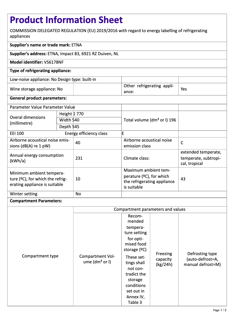 Page 1 de la notice Fiche technique Etna VS6178NF