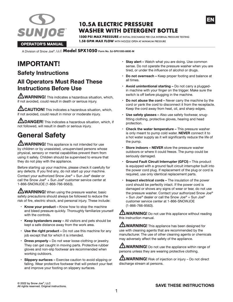 Page n°1 - Manuel utilisateur Sun Joe SPX1050