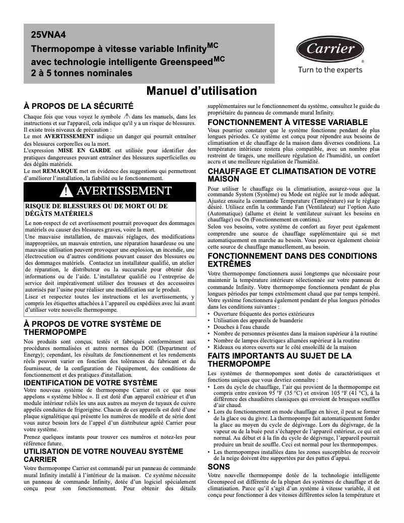 Page 1 de la notice Manuel utilisateur Carrier Infinity 25VNA4