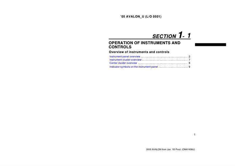 Page 1 de la notice Manuel utilisateur Toyota Avalon (2005)
