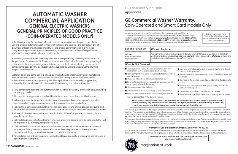 Page 1 de la notice Manuel d'utilisation et d'entretien GE WMCN2050FWC