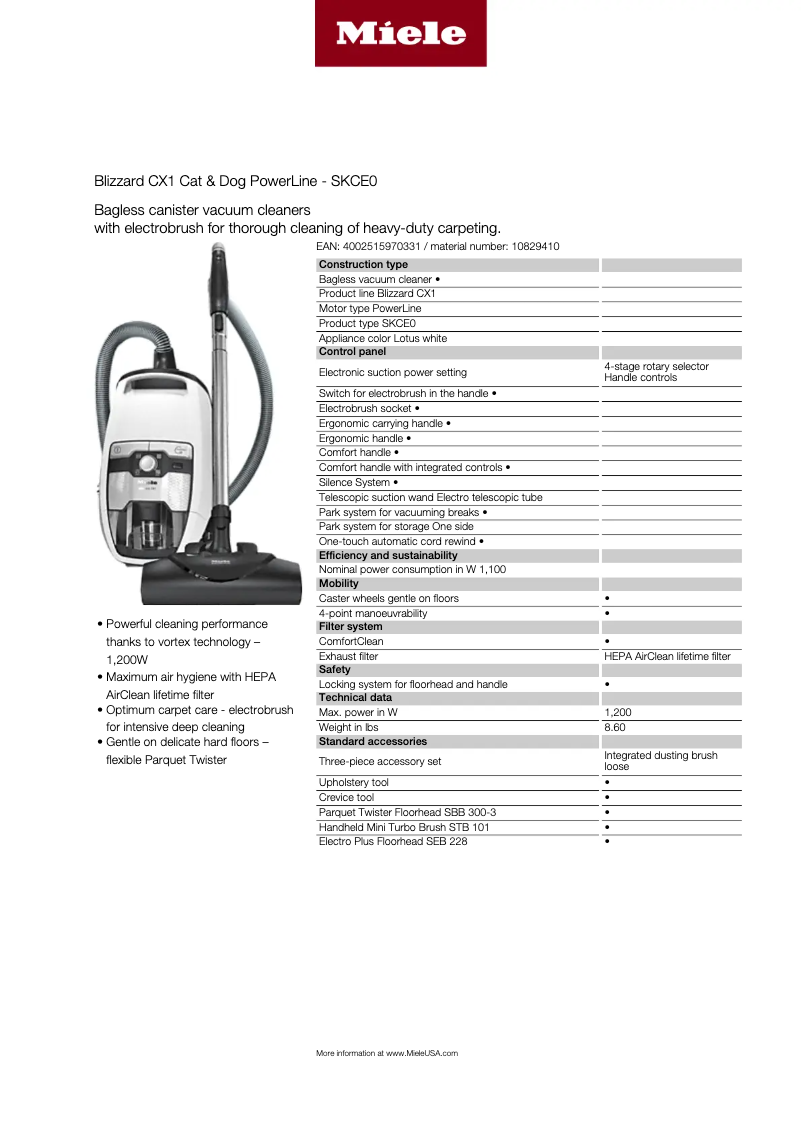 Page 1 de la notice Fiche technique Miele Blizzard CX1 Cat & Dog PowerLine 