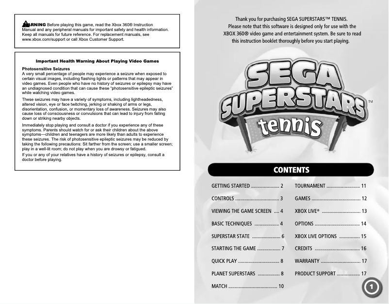 Page 1 de la notice Manuel utilisateur Microsoft SEGA Superstars tennis (Xbox 360)