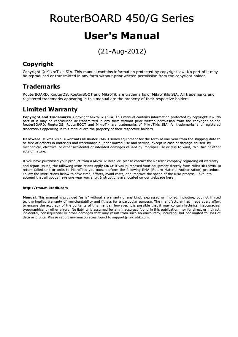 Page n°1 - Manuel utilisateur Mikrotik RB450