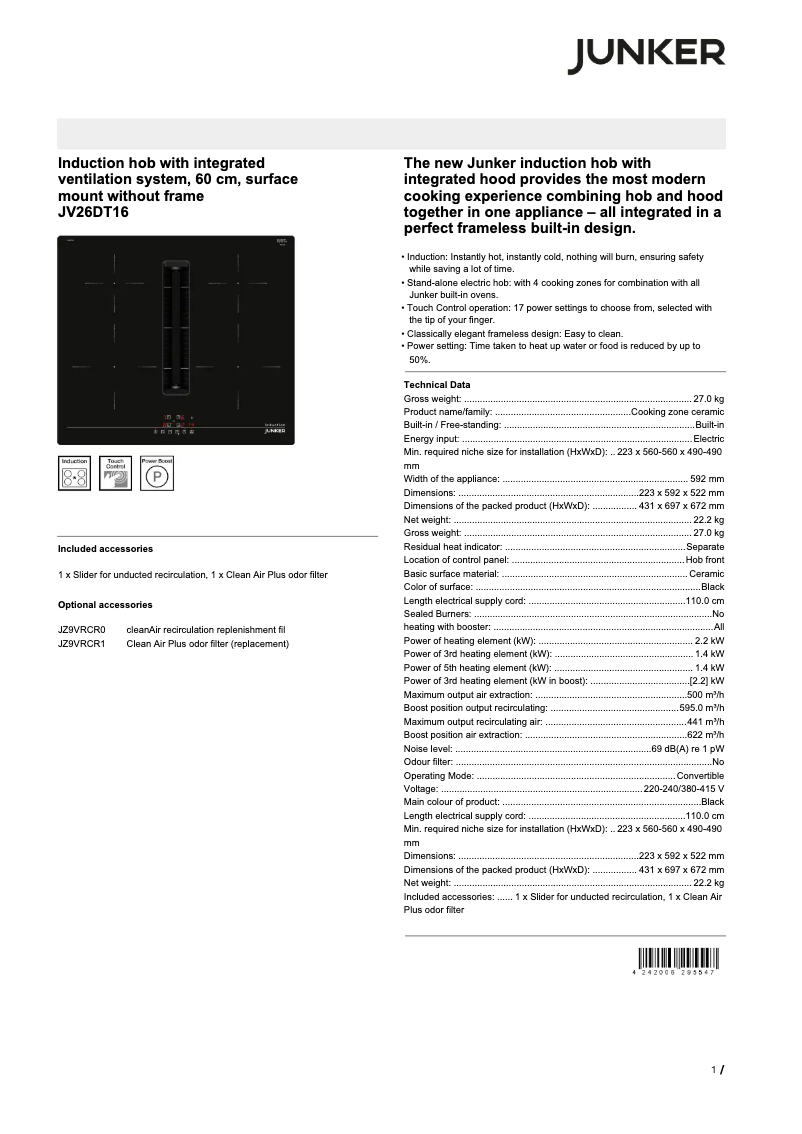 Page 1 de la notice Fiche technique Junker JV26DT16