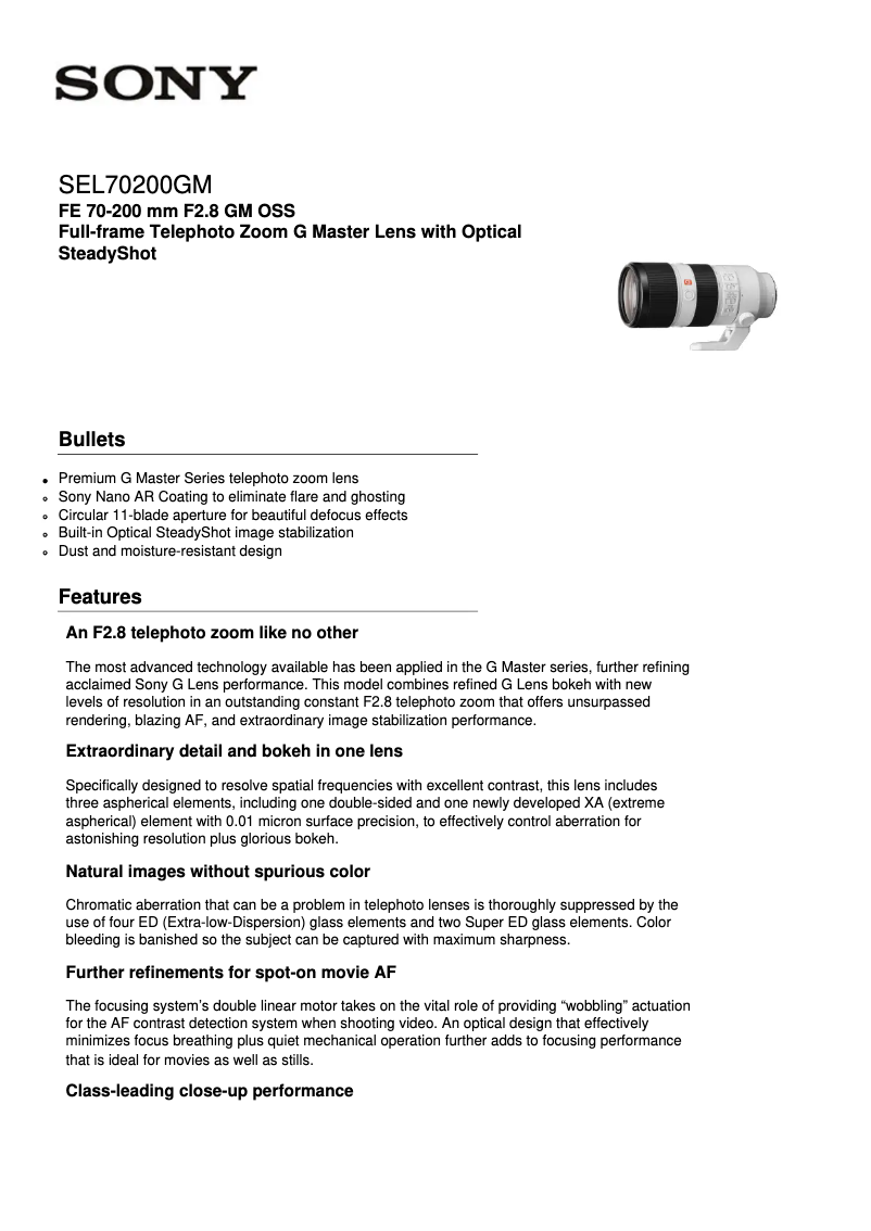 Page n°1 - Fiche technique Sony SEL70200GM