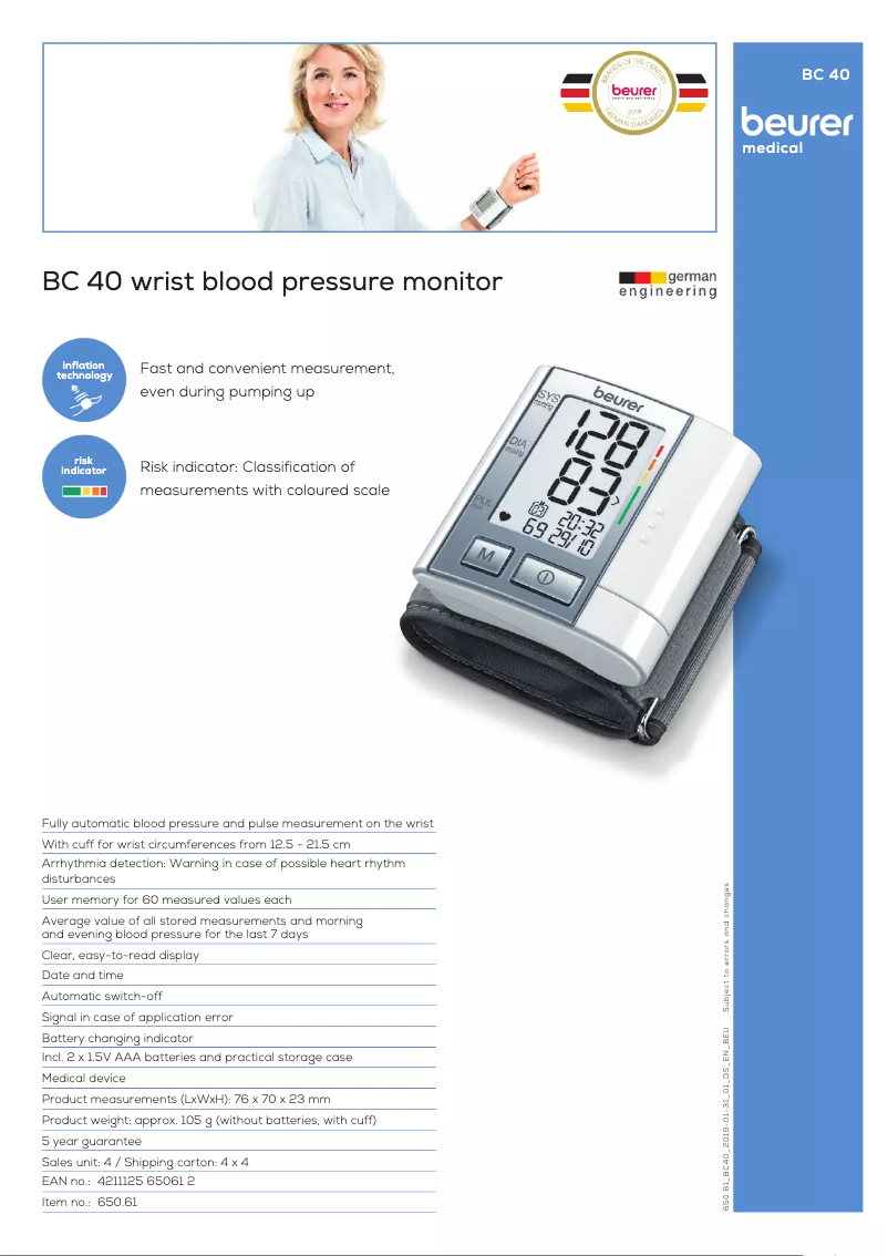 Page 1 de la notice Fiche technique Beurer BC 40