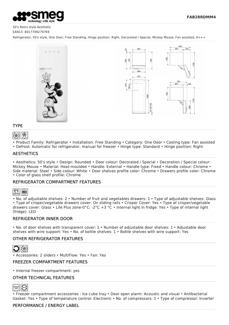Page 1 de la notice Fiche technique Smeg FAB28RDMM4