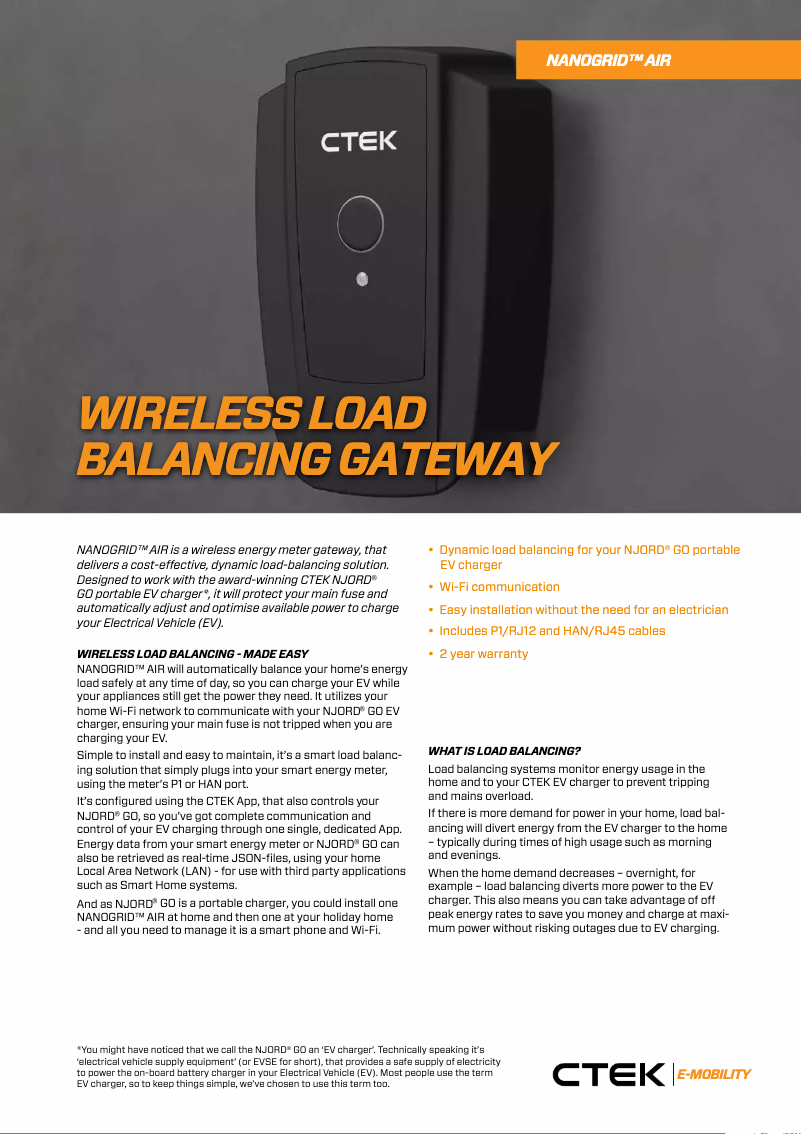 Page 1 de la notice Fiche technique Ctek NANOGRID AIR