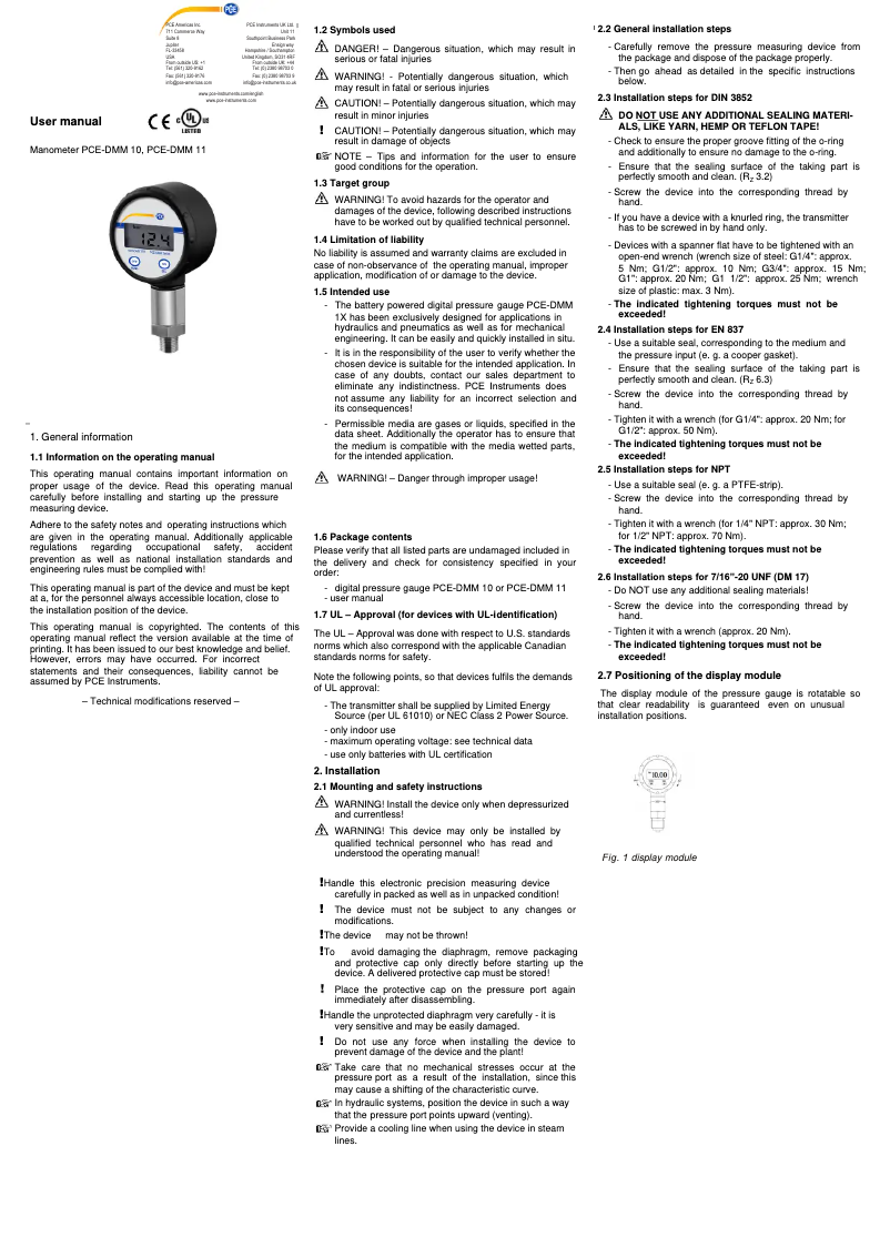 Page 1 de la notice Manuel utilisateur PCE Instruments PCE-DMM 11