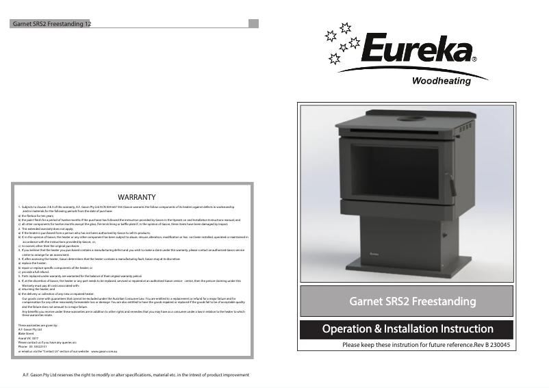 Page 1 de la notice Manuel utilisateur Eureka Garnet SRS2 Freestanding