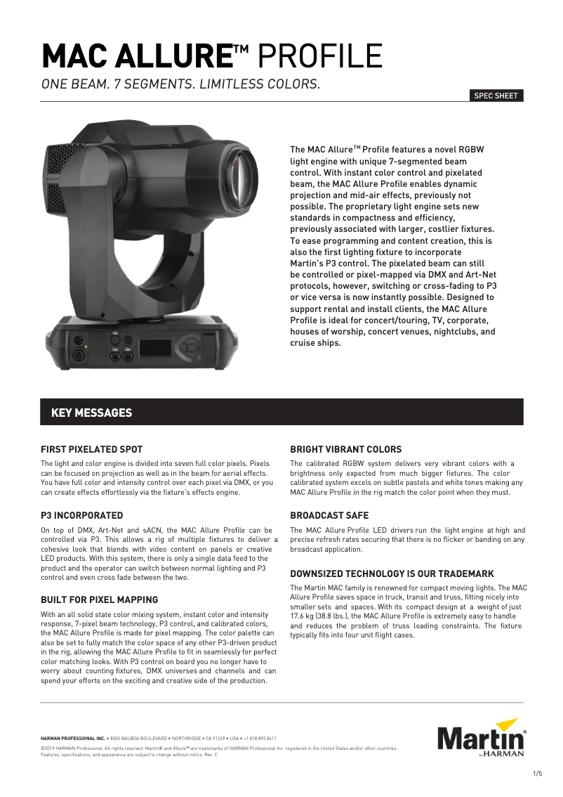 Page 1 de la notice Fiche technique Martin MAC Allure Profile