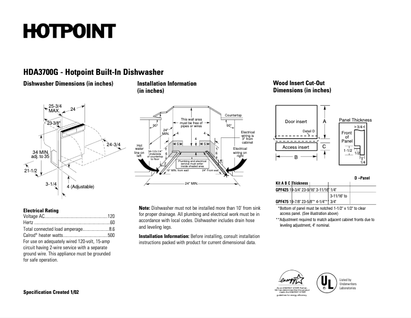 Page n°1 - Fiche technique Hotpoint HDA3700GWW