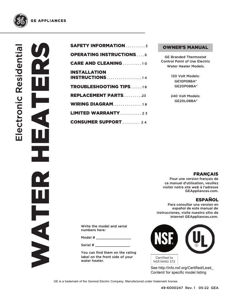 Page 1 de la notice Manuel d'utilisation et d'entretien GE GE10P08BAR