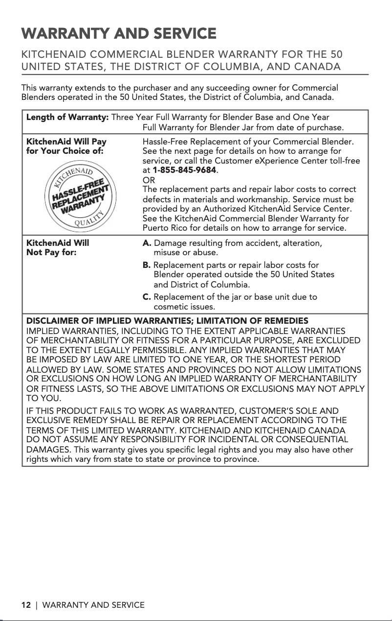 Page 1 de la notice Informations de garantie KitchenAid KSBC1B0