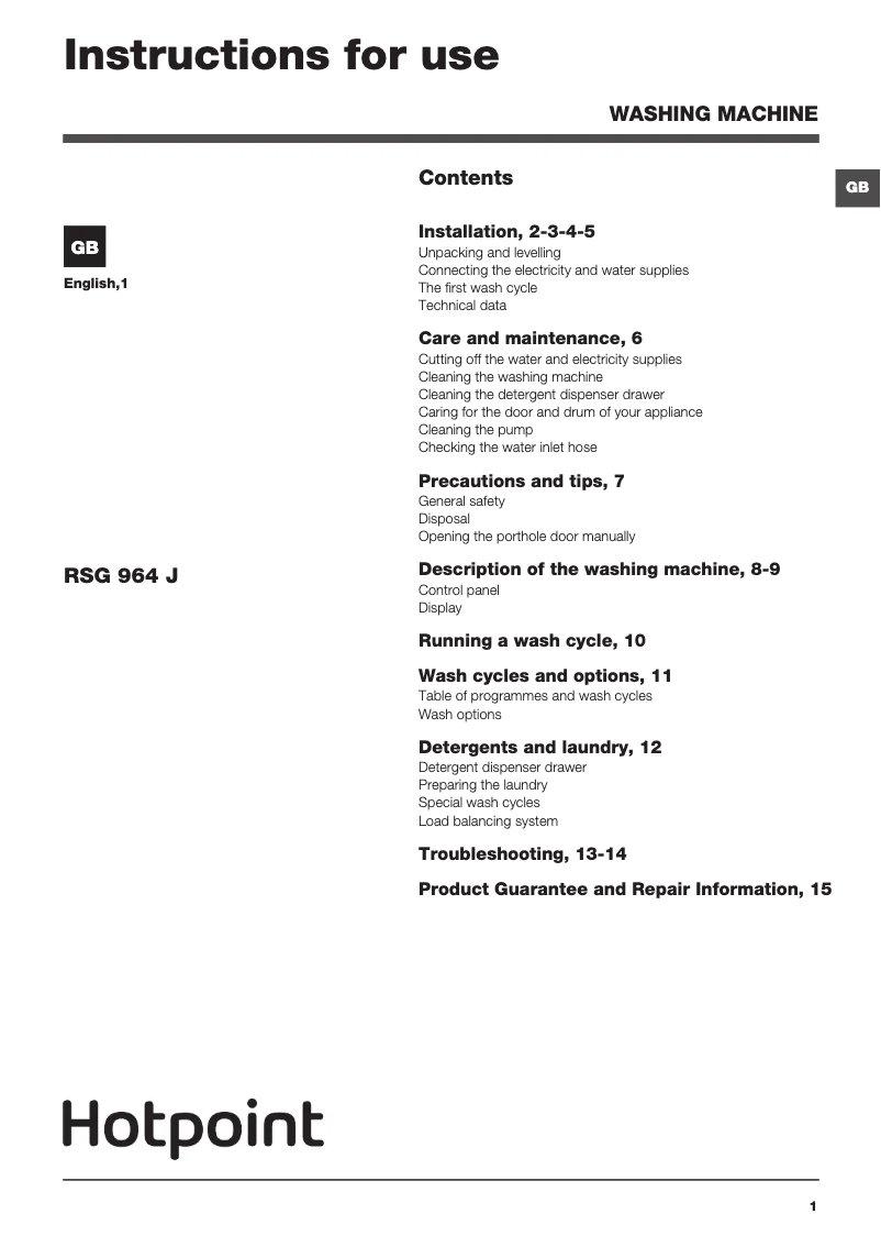 Page 1 de la notice Manuel utilisateur Hotpoint RSG 964 JKX UK