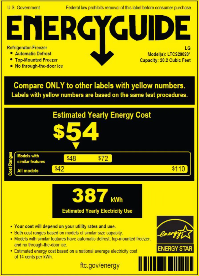 Page 1 de la notice Label énergétique LG LTCS20020S