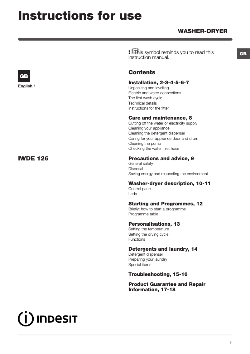 Page 1 de la notice Mode d'emploi Indesit IWDE 126 (UK)