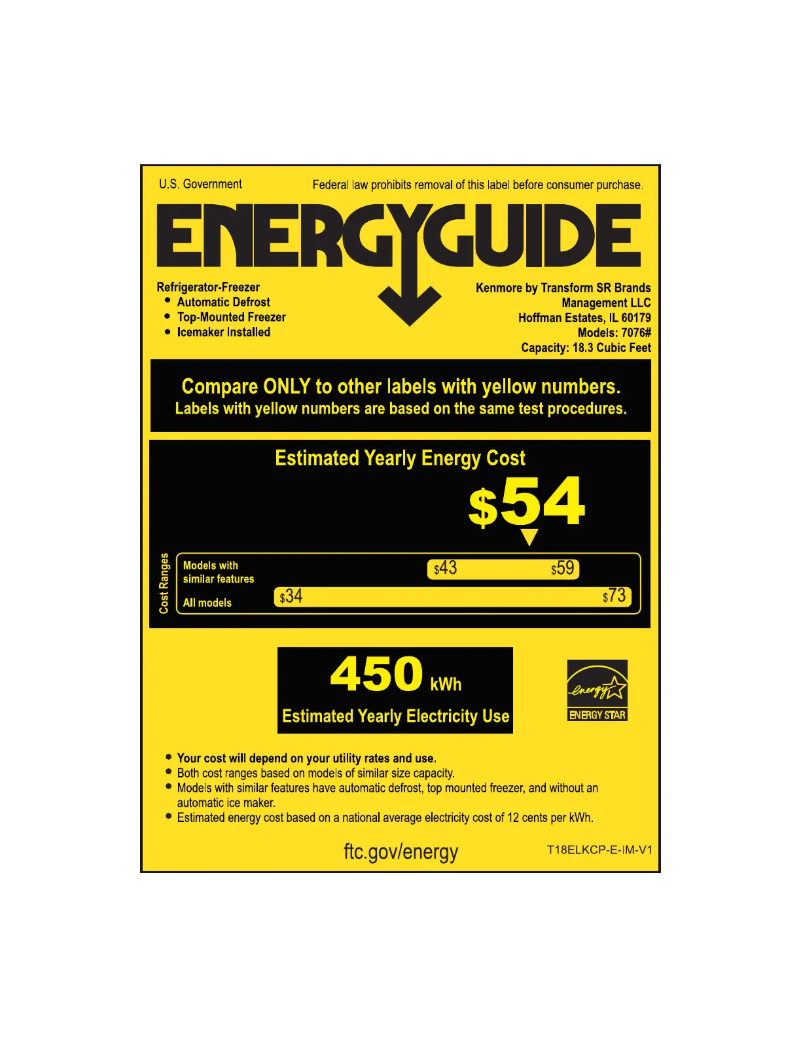 Page 1 de la notice Label énergétique Kenmore 70769