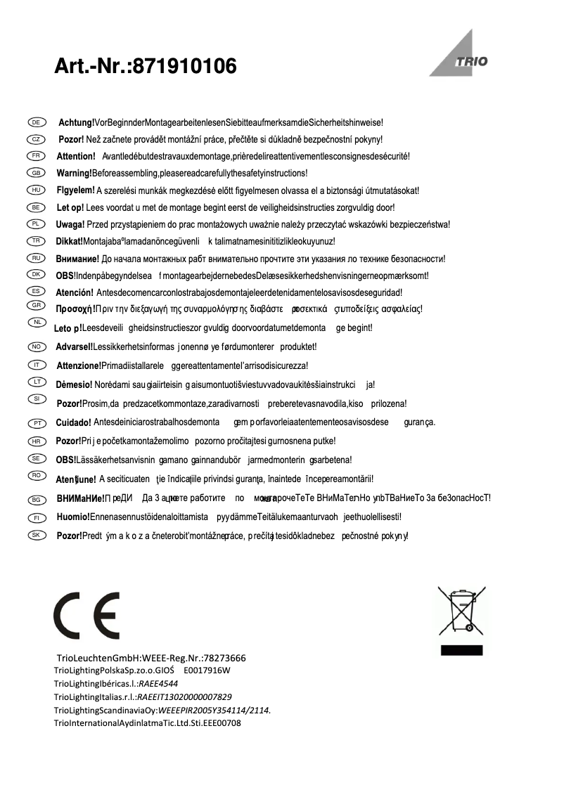 Page n°1 - Manuel utilisateur Trio Lighting Paradox 871910106