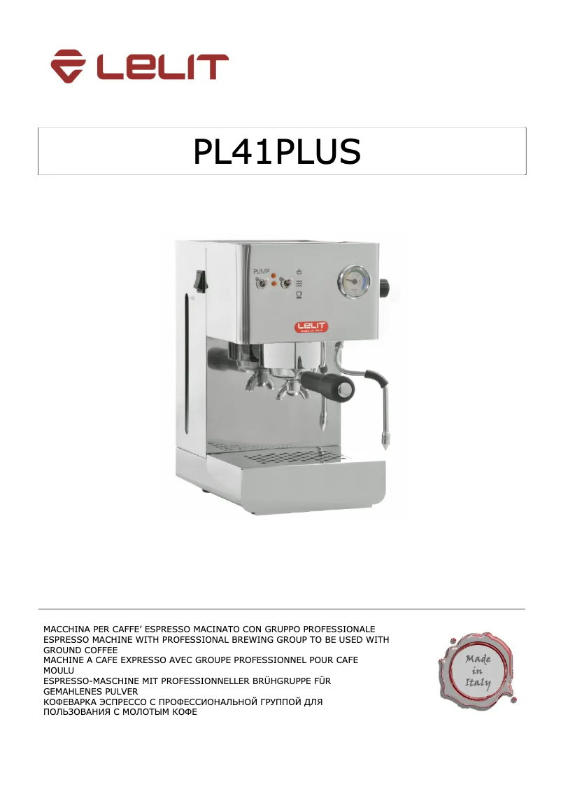 Page 1 de la notice Manuel utilisateur Lelit Gilda PL41 Plus