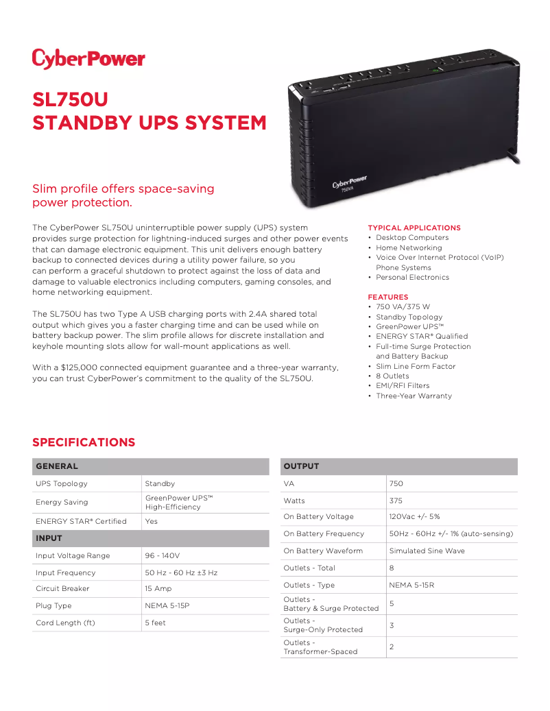 Page 1 de la notice Fiche technique CyberPower SL750U