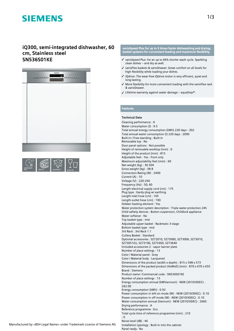 Page 1 de la notice Fiche technique Siemens SN536S01KE