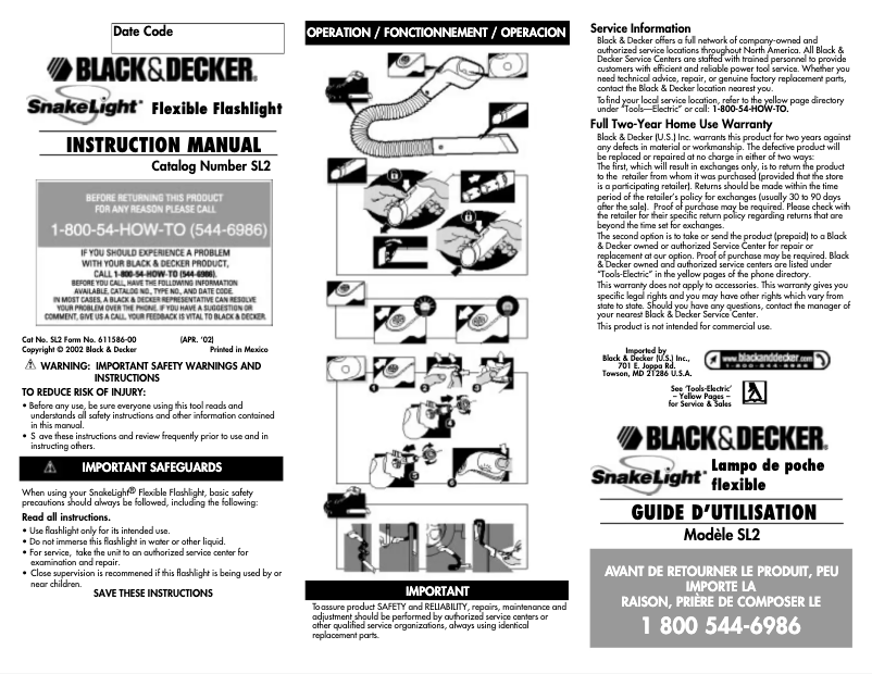 Page 1 de la notice Manuel utilisateur Black & Decker SnakeLight SL2