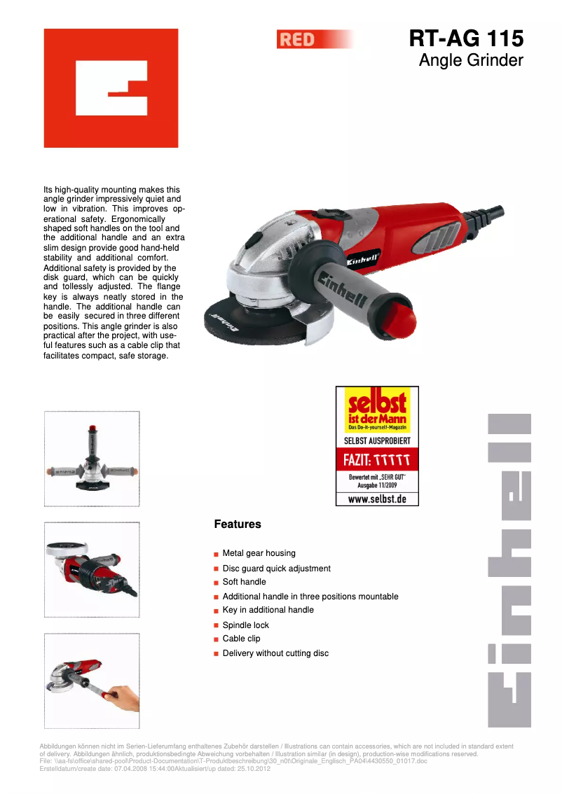 Page 1 de la notice Fiche technique Einhell RT-AG 115