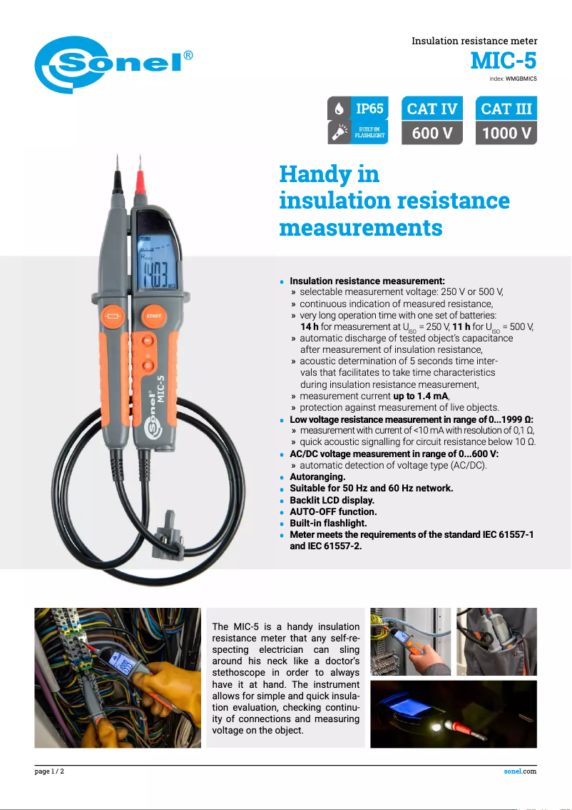 Page 1 de la notice Fiche technique Sonel MIC-5