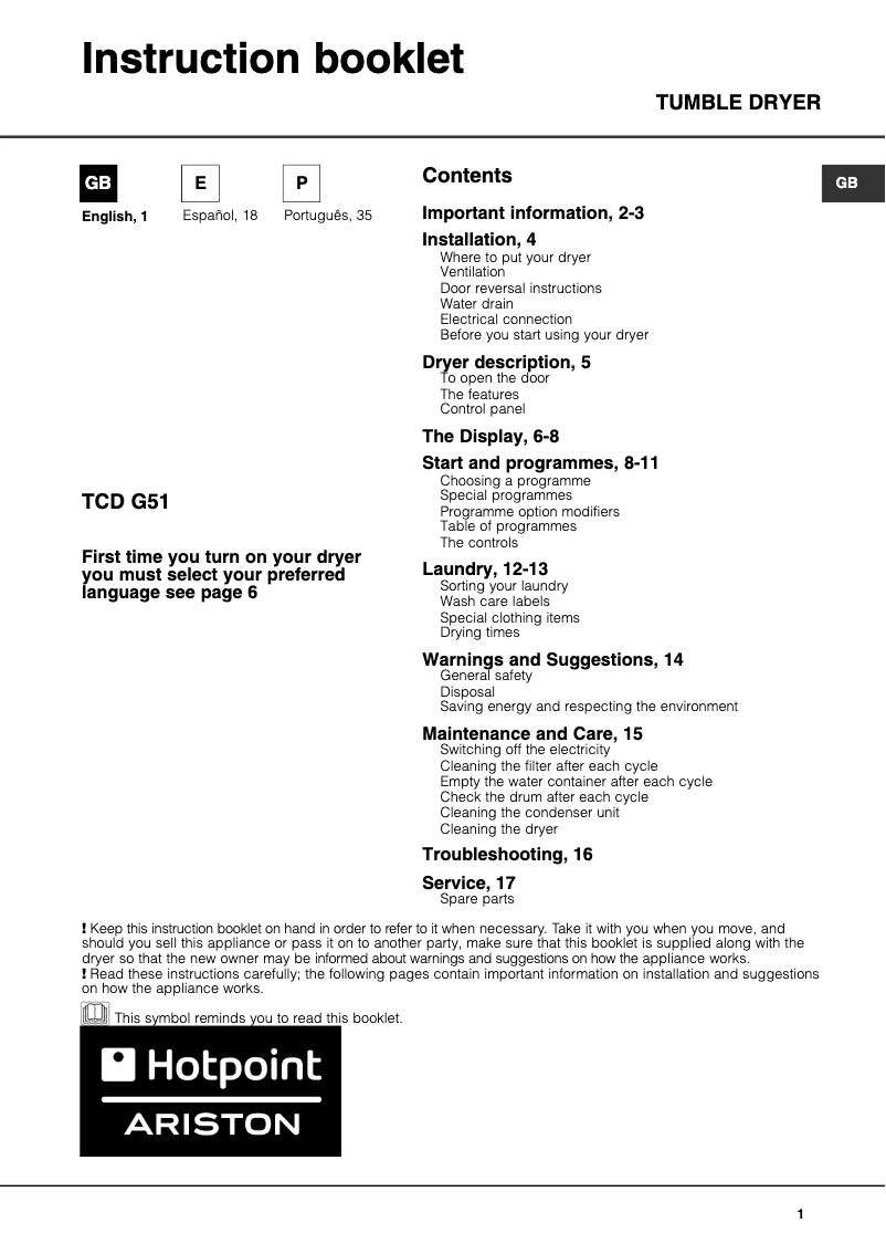 Page n°1 - Manuel utilisateur Hotpoint TCD G51 XB K
