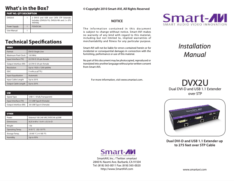 Page n°1 - Manuel utilisateur Smart-AVI DVX-2U-RXS