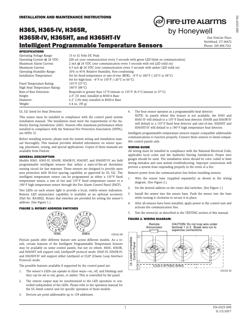 Page n°1 - Manuel utilisateur Fire-Lite H365R-IV