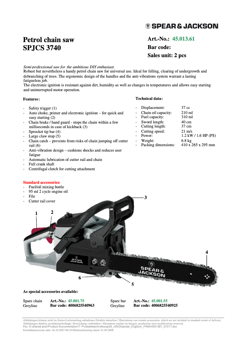 Page 1 de la notice Fiche technique Spear & Jackson SPJCS 3740/1