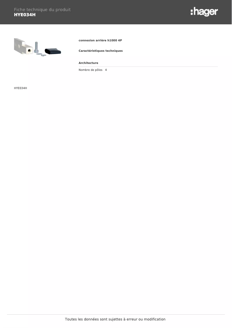 Page 1 de la notice Fiche technique Hager HYE034H