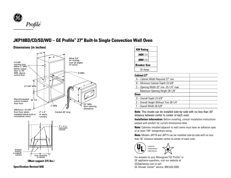 Página 1 del manual Ficha técnica GE Profile JKP18SDSS