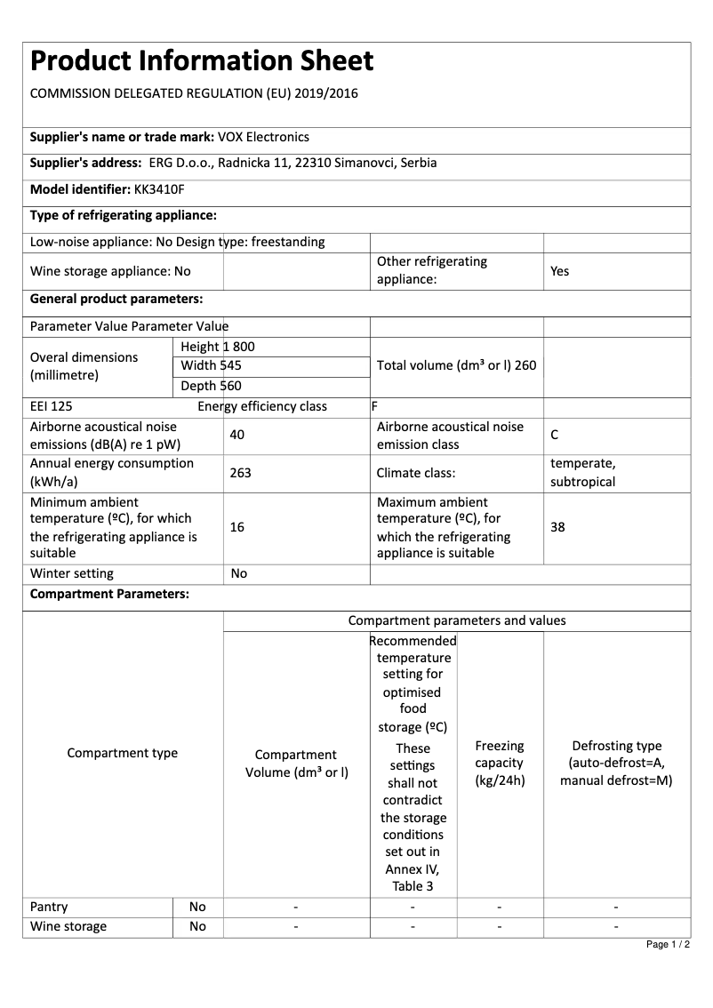 Page 1 of the manual Technical Sheet VOX KK 3410 F