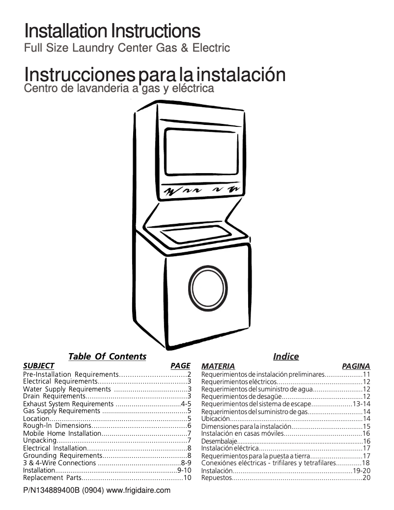 Página 1 del manual Guía de instalación Frigidaire GLEH1642FS
