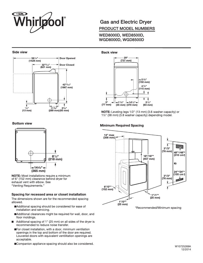 Page 1 de la notice Fiche technique Whirlpool WED8500D