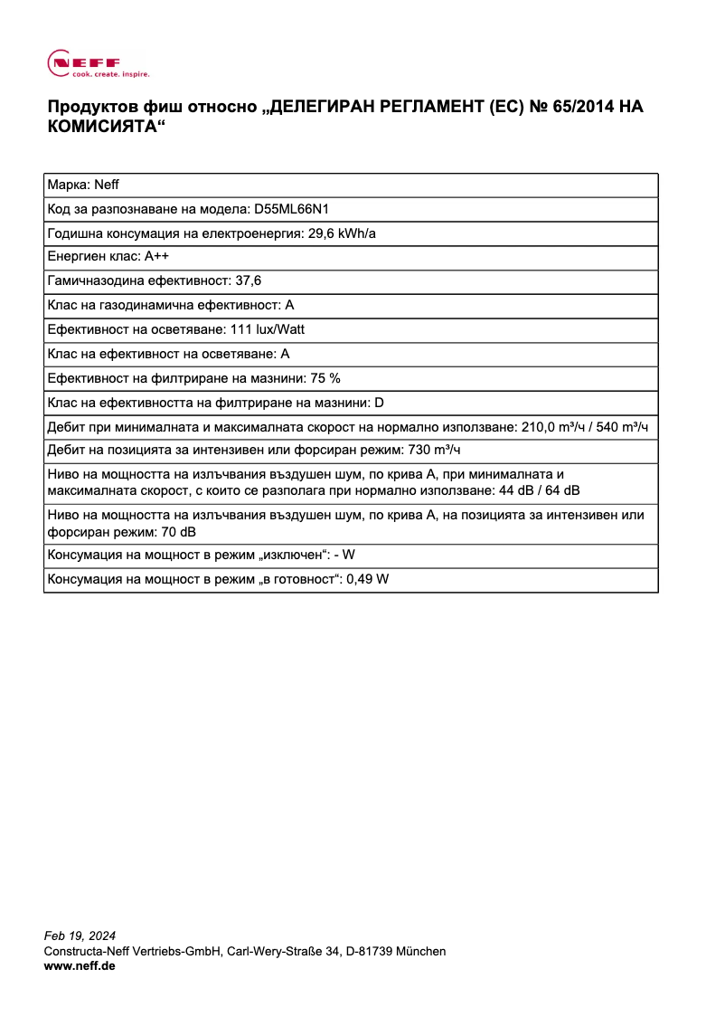 Page 1 de la notice Fiche technique Neff D55ML66N1