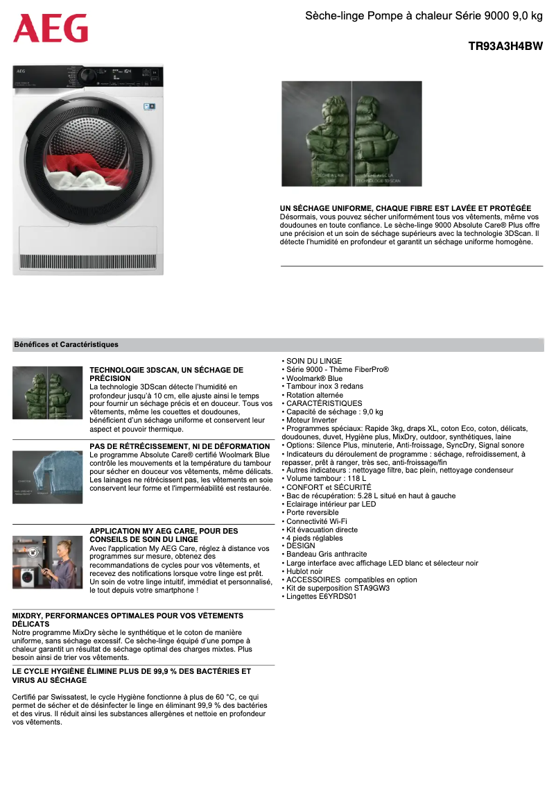 Page 1 de la notice Fiche technique AEG TR93A3H4BW