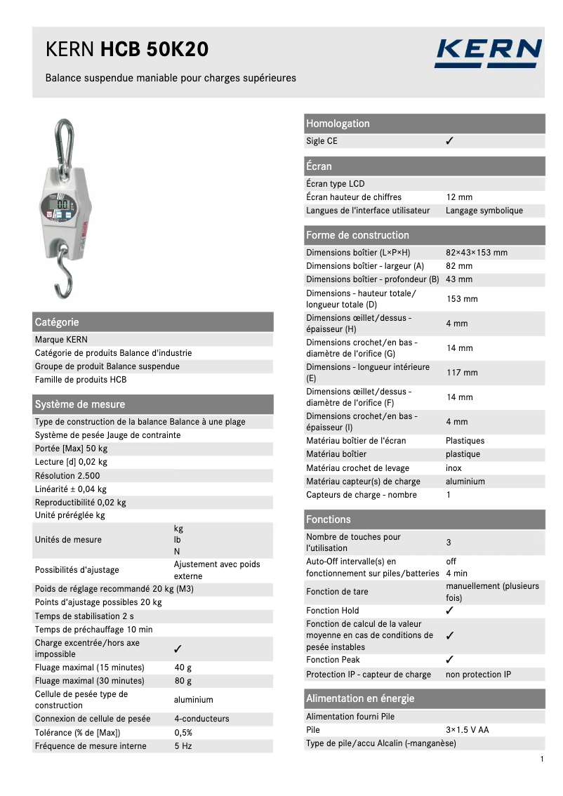 Page 1 de la notice Fiche technique Kern HCB 50K20