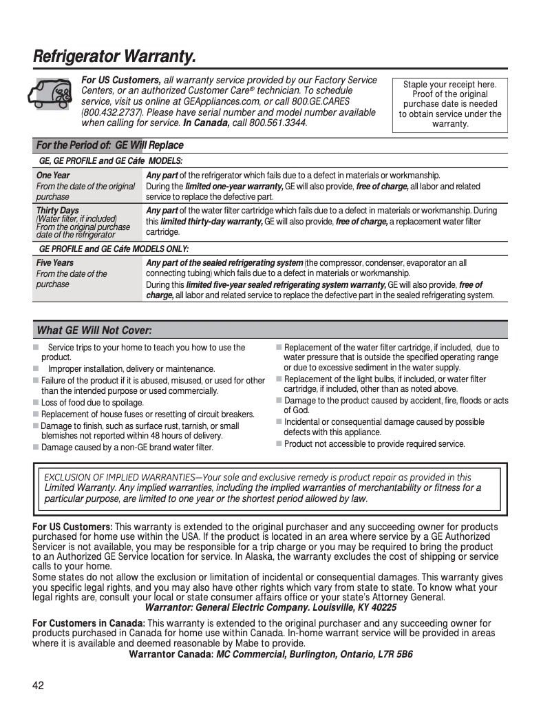 Page 1 de la notice Informations de garantie GE GTE18GTNRCC
