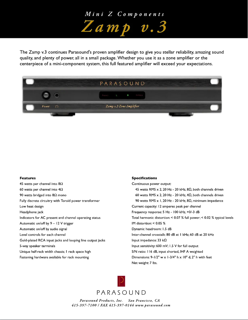 Page 1 de la notice Fiche technique Parasound Zamp v.3