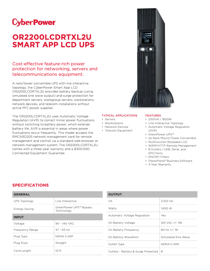 Page n°1 - Fiche technique CyberPower OR2200LCDRTXL2U