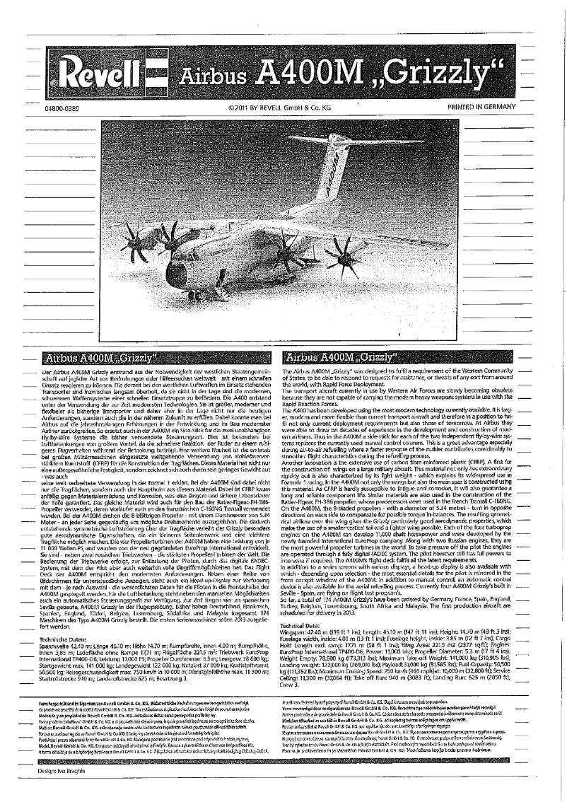 Page 1 de la notice Manuel utilisateur Revell Airbus A400 M Grizzly