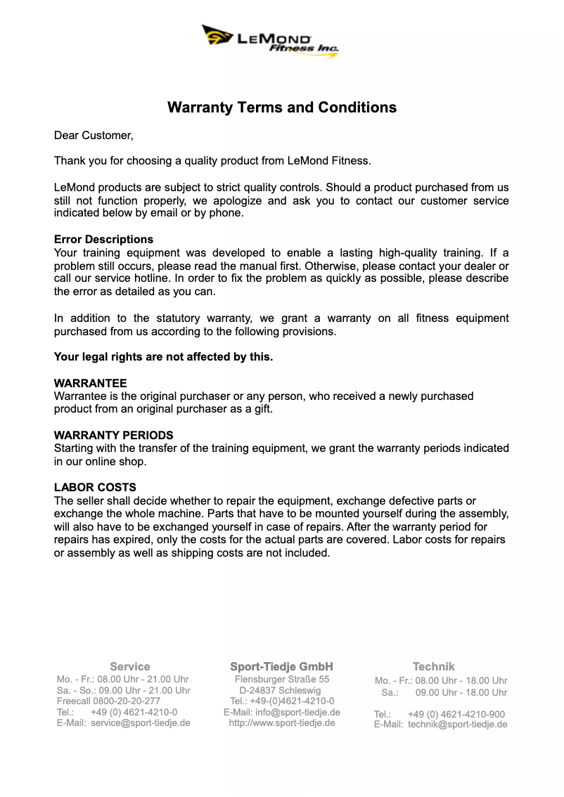 Page 1 de la notice Informations de garantie LeMond Fitness G-FORCE RT